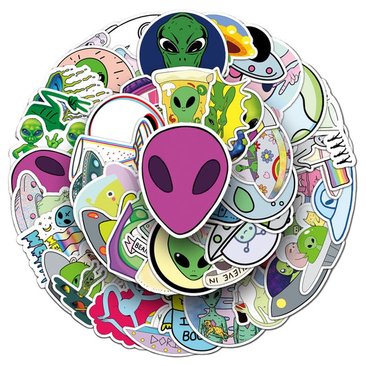 Alien Graffiti Sticker Pack – 50pcs Cool UFO Cartoon Decals for Skateboards, Water Bottles & Luggage – Trendy Travel Aesthetic