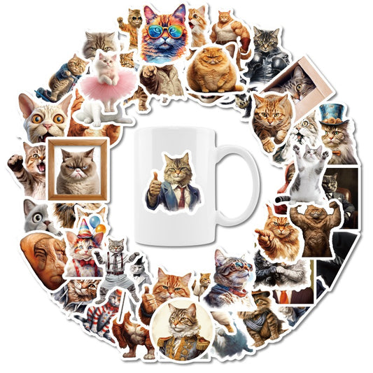 Cat Stickers】50PCS Funny Realistic Cat Head Waterproof Decals | DIY Laptop Cup Decor | Unique & Quirky Gift Idea