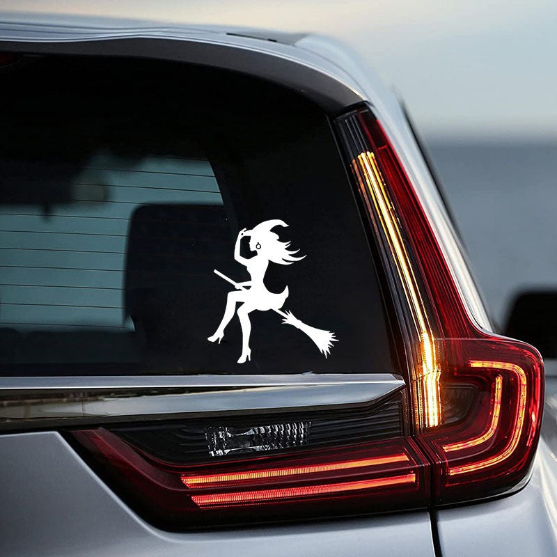 Halloween Car Sticker – Witch on Broom Window & Body Decal | Unique Spooky Decoration for Cars & Motorcycles