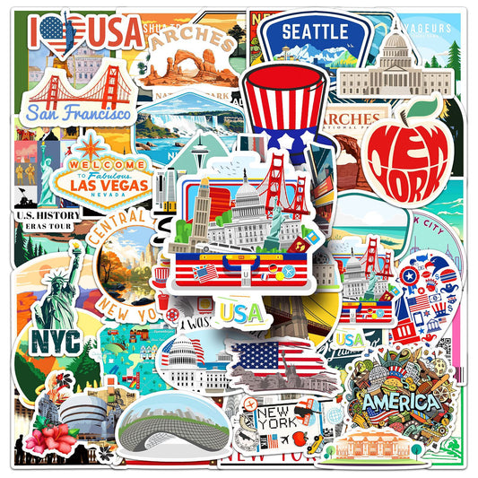 50 PCS American Travel Graffiti Stickers | Custom Decor for Luggage, Water Bottles, Phone Cases & More | Unique USA Vacation Stickers for Personalization
